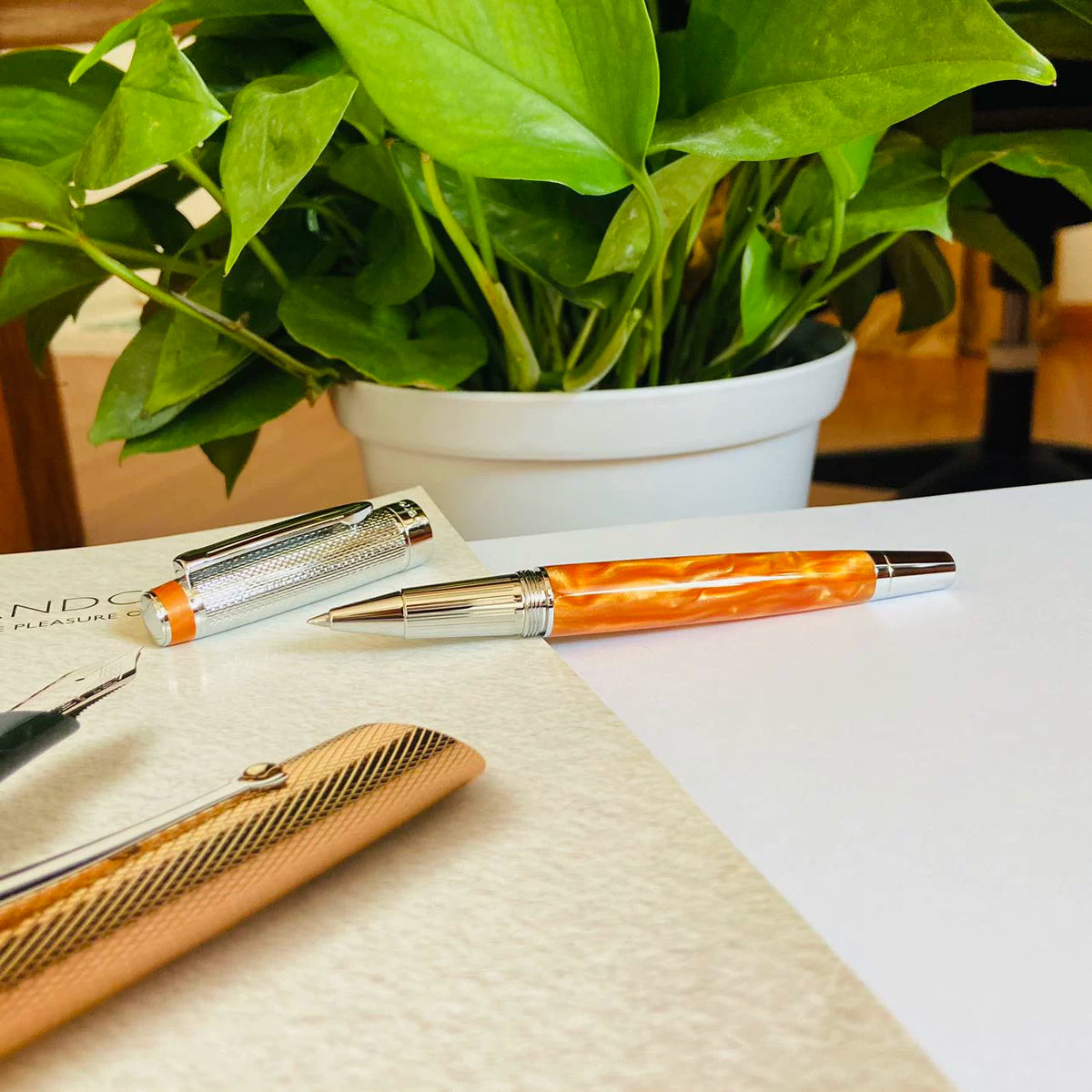 Vintage-Style Rollerball Pen, 0.6mm, Schmidt 888 F Black Ink Orange
