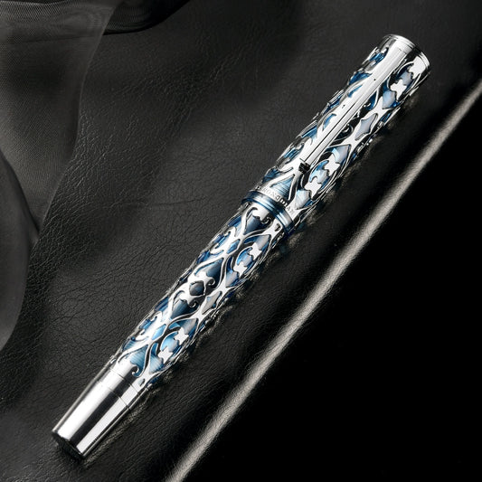 Hongdian D1 Piston Fountain Pen Hollow Skeleton Resin Pen Silver Blue
