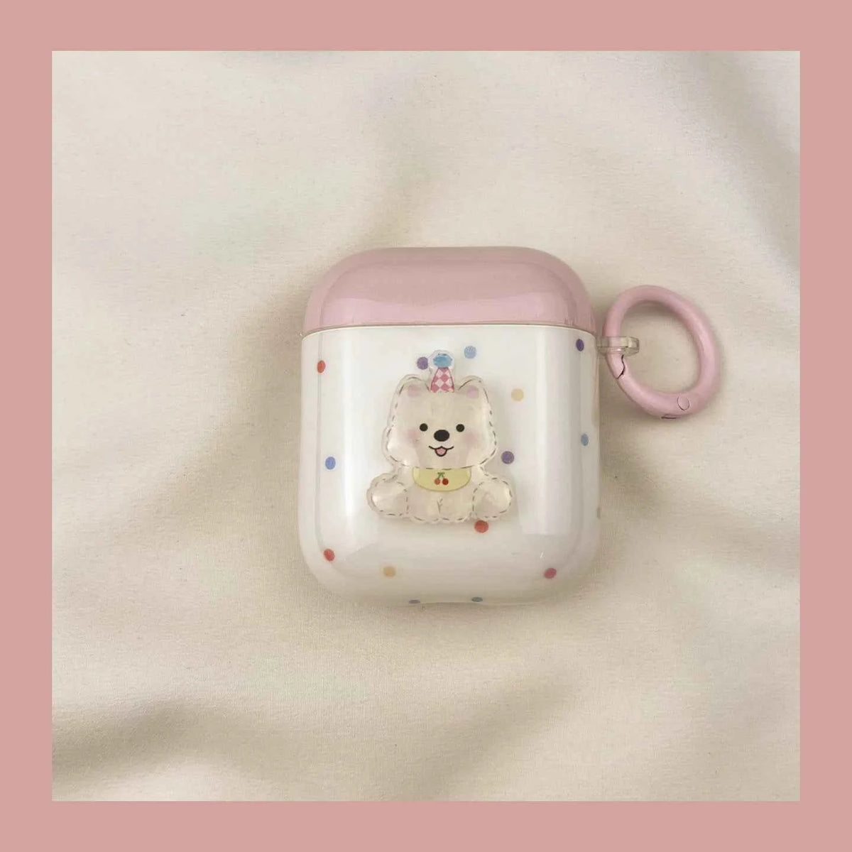 Pink Polka Dot 3D Westie Dog Plastic AirPods Case C