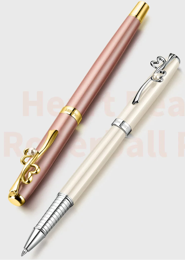 GNASEET Metal Rollerball Pen Gift Set for Women – Gold & White Barrel | Heart / Clover / Butterfly / Rose Clip