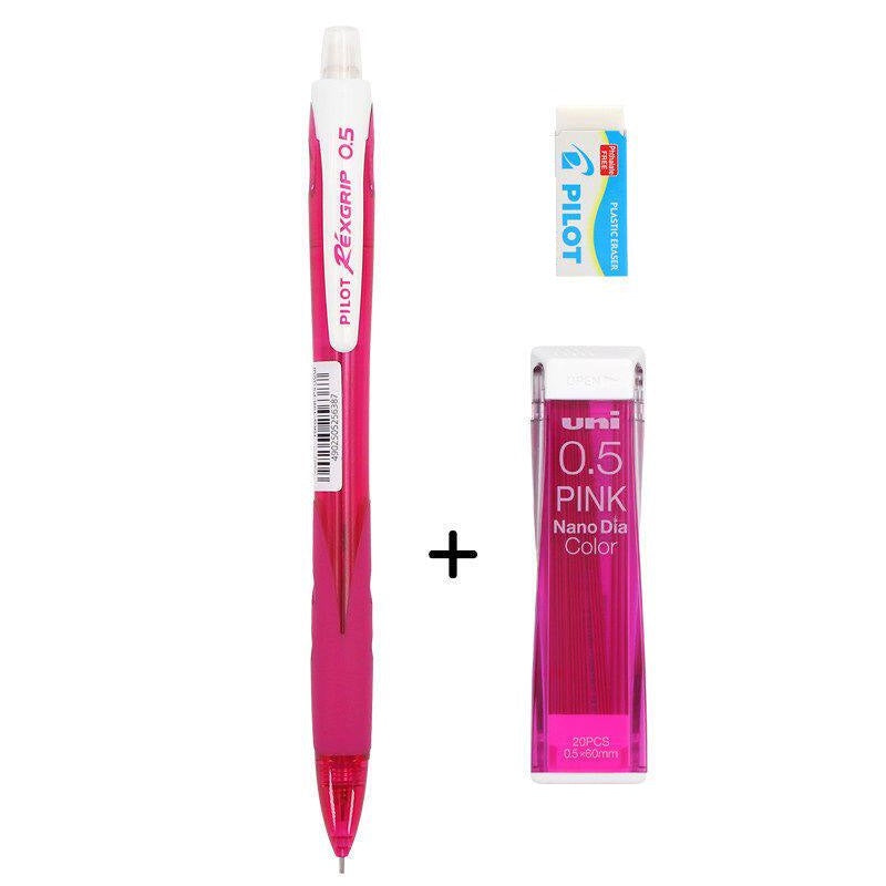 Pilot Rexgrip 05 Mechanical Pencil with Nano Dia Color Leads and Eraser Pink