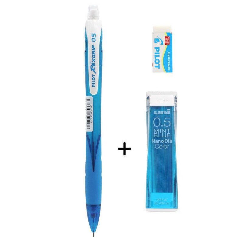 Pilot Rexgrip 05 Mechanical Pencil with Nano Dia Color Leads and Eraser Light Blue