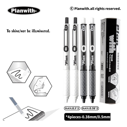 Planwith Clicker Gel Pen - Black Ink, Hexagonal Soft Grip - 4-Pack Black