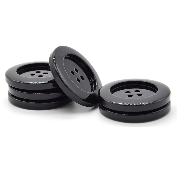 50mm Extra Large Glossy Black Resin Round Four-Hole Buttons 6pcs