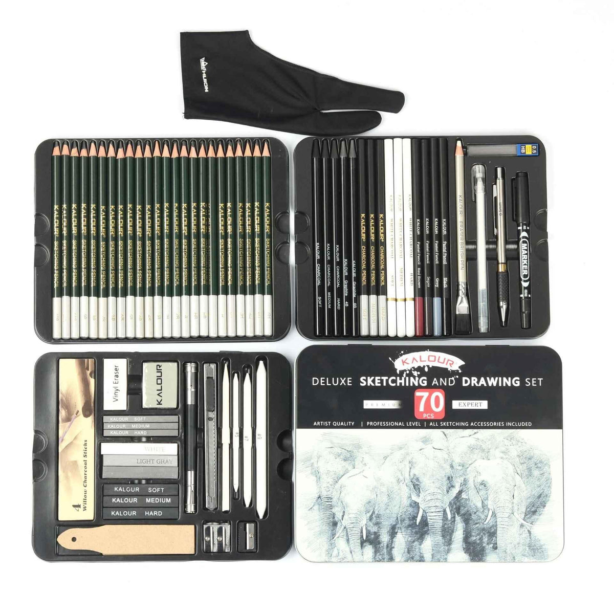 KALOUR 70-pack kunstbenodigdheden, schetstekenpotloden, set van blikken doos