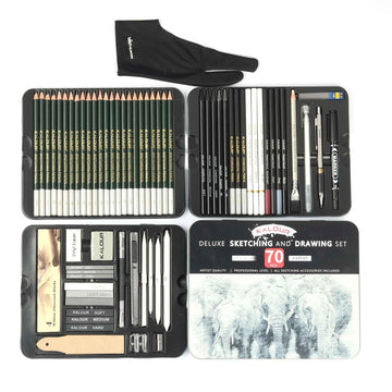 KALOUR 70-pack kunstbenodigdheden, schetstekenpotloden, set van blikken doos