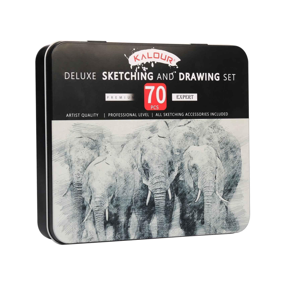 KALOUR 70-pack kunstbenodigdheden, schetstekenpotloden, set van blikken doos
