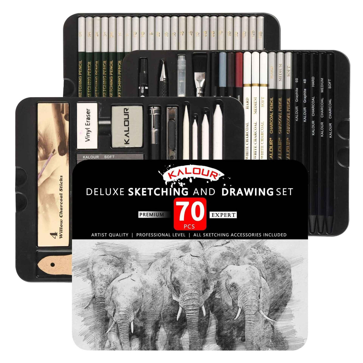 KALOUR 70-pack kunstbenodigdheden, schetstekenpotloden, set van blikken doos