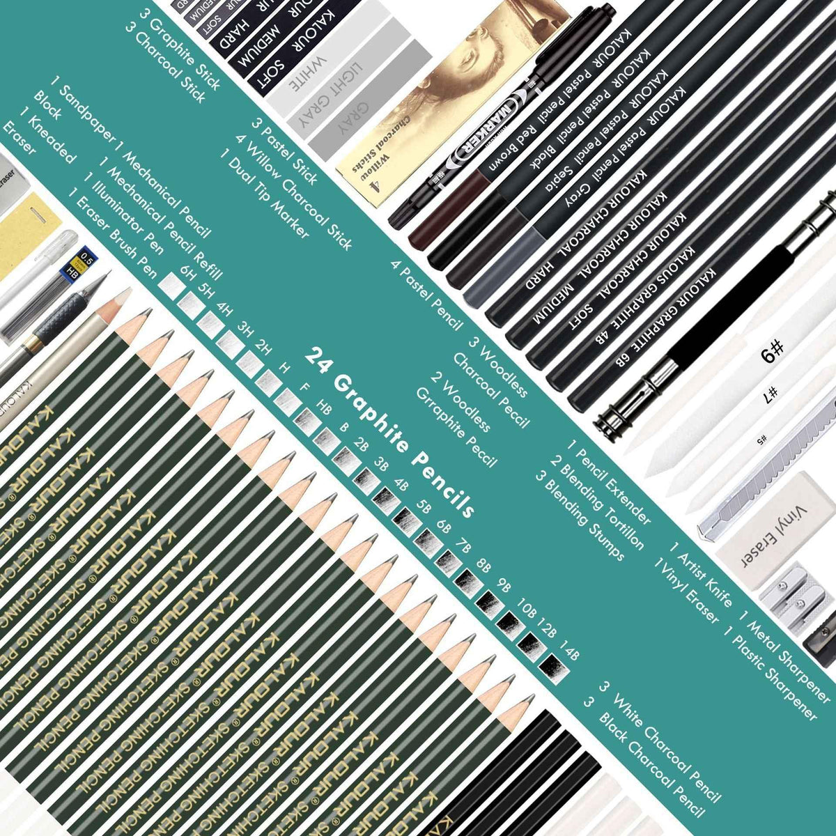 KALOUR 70-pack kunstbenodigdheden, schetstekenpotloden, set van blikken doos