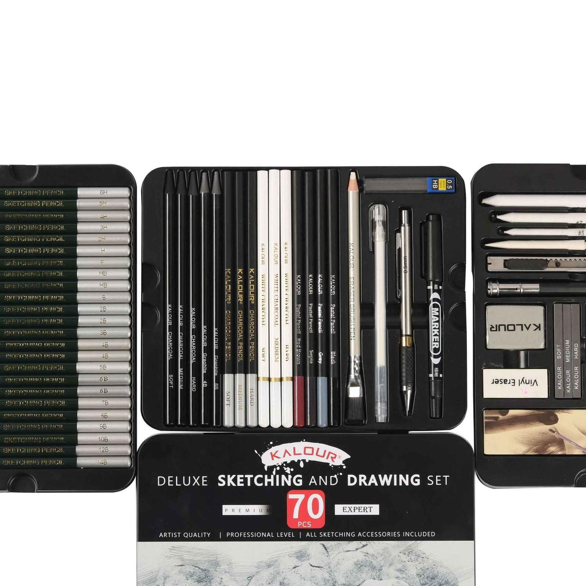 KALOUR 70-pack kunstbenodigdheden, schetstekenpotloden, set van blikken doos