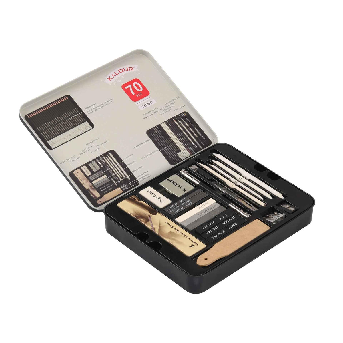KALOUR 70-pack kunstbenodigdheden, schetstekenpotloden, set van blikken doos
