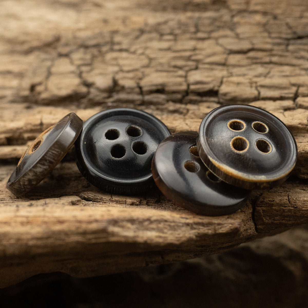 11.5MM Burnt-Edge Four-Eye Black Horn Shirt Buttons 24 Pack