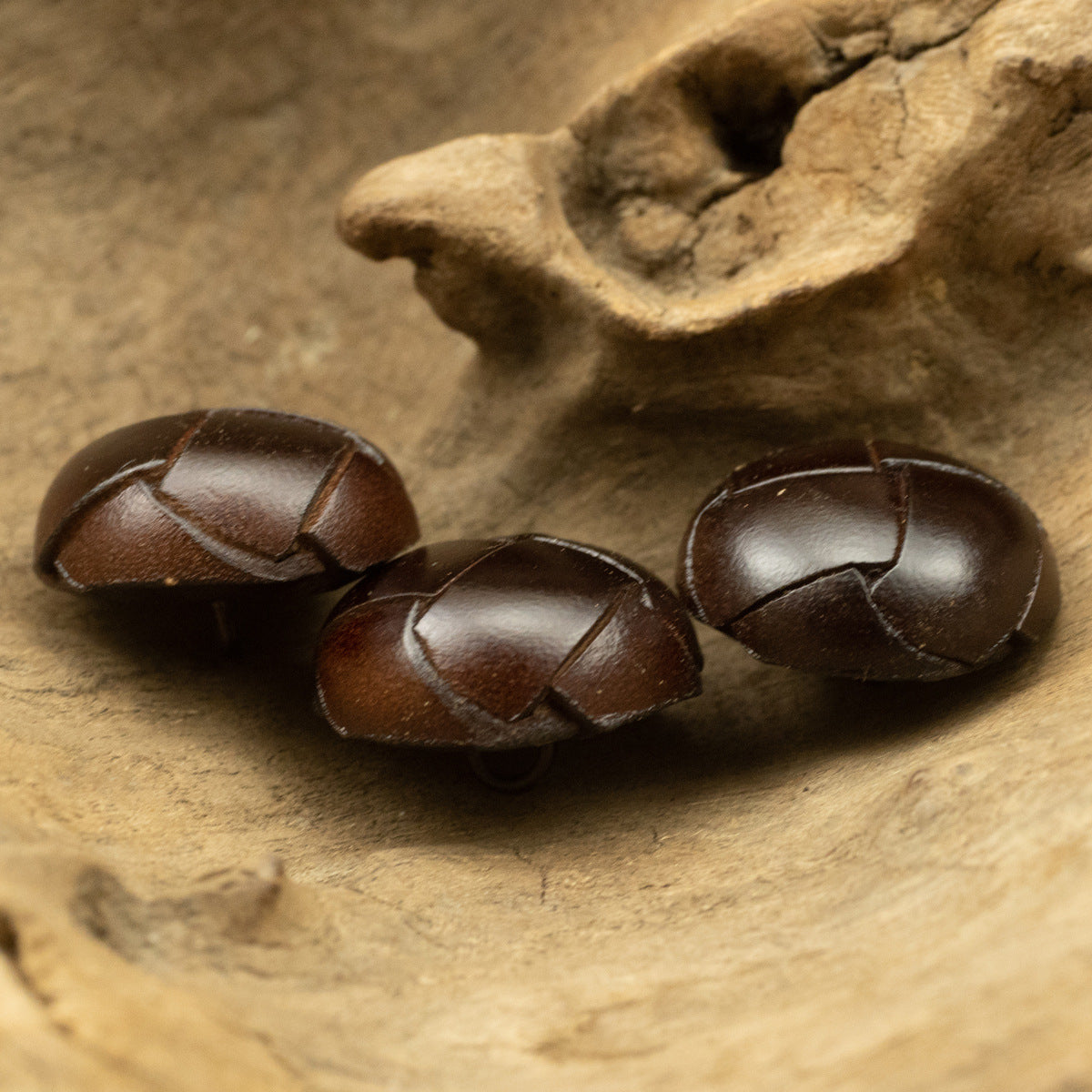 Vintage Dark Brown Leather Woven Handmade Spherical Buttons 2pcs