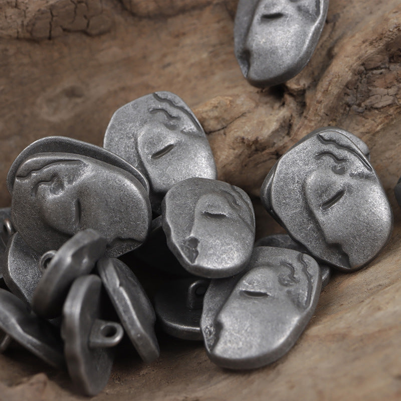 Irregular Human Face Vintage Metal Shank Clothing Buttons,5pcs Antique Silver
