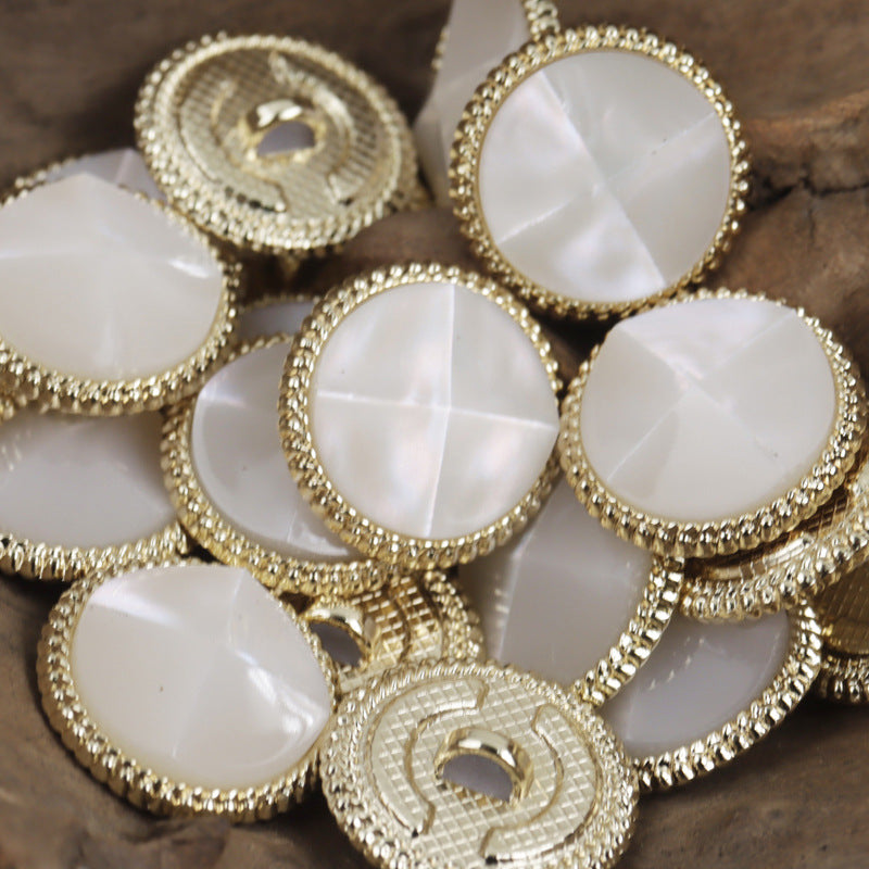 Resin Tortoise Shell-Shaped Button with Gold Metal Base 10pcs White