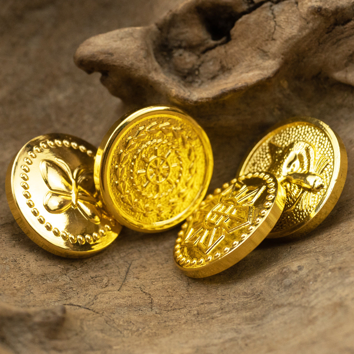 Shiny Gold Metal Shank Buttons Helm Fox Butterfly Design 6pcs