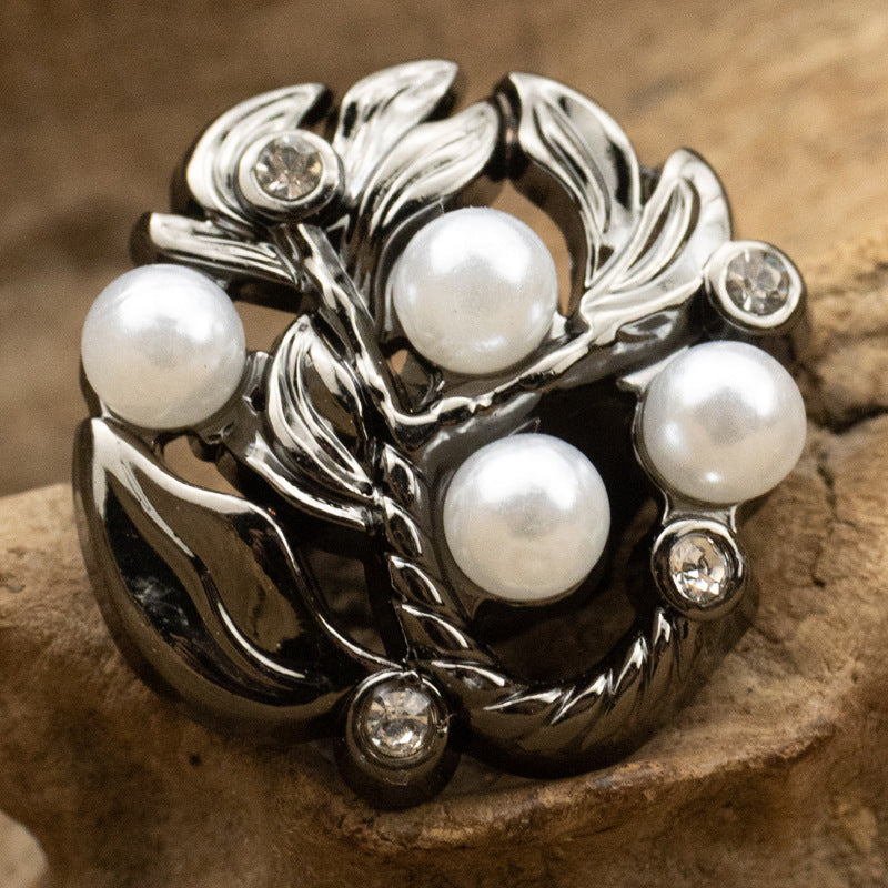 Irregular Hollow Leaf Petal Diamond-Inlaid Pearl Metal Buttons 10pcs Black