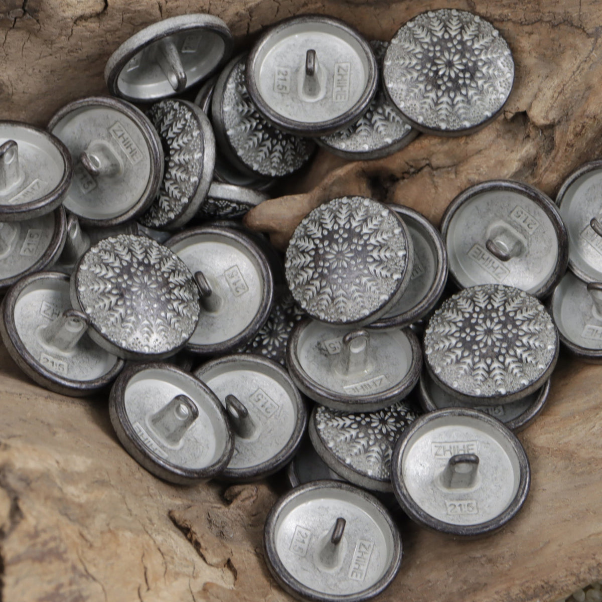 Symmetrical Small Tree Pattern Round Metal Buttons with Shank 10pcs Antique Silver