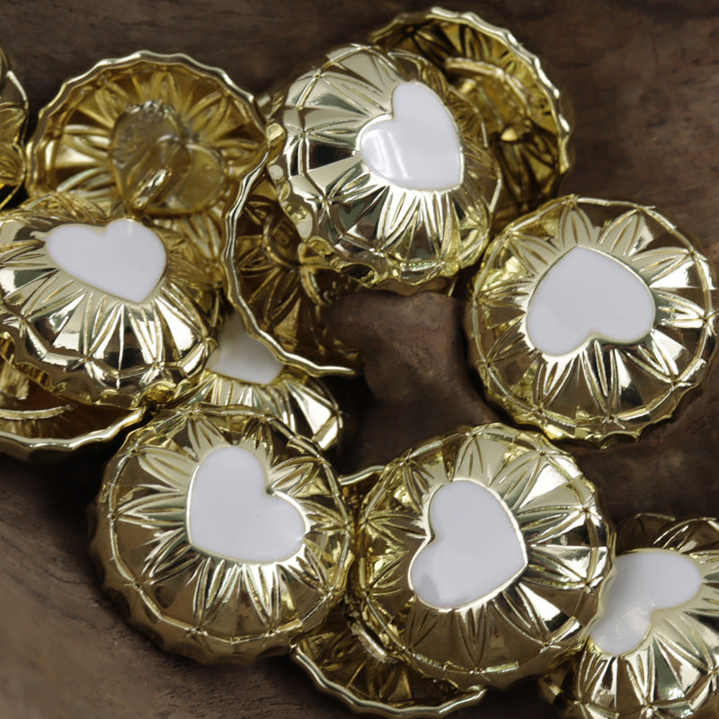 Round Gold Metal Shank Buttons Inlaid White and Black Heart Patterns 20pcs White Gold