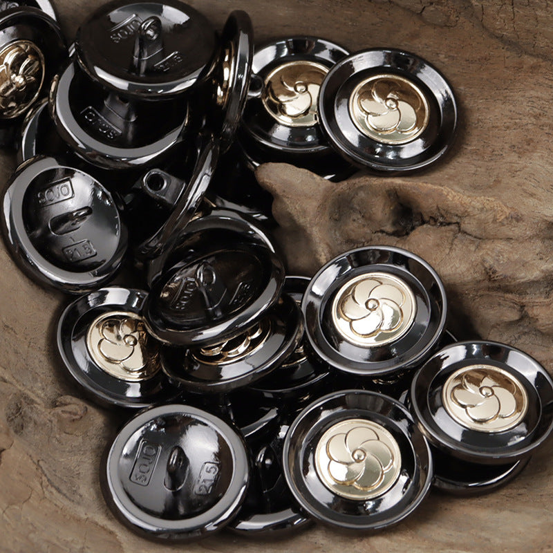 Camellia Pattern Shiny Black Metal Shank Buttons for Hoodies 10pcs
