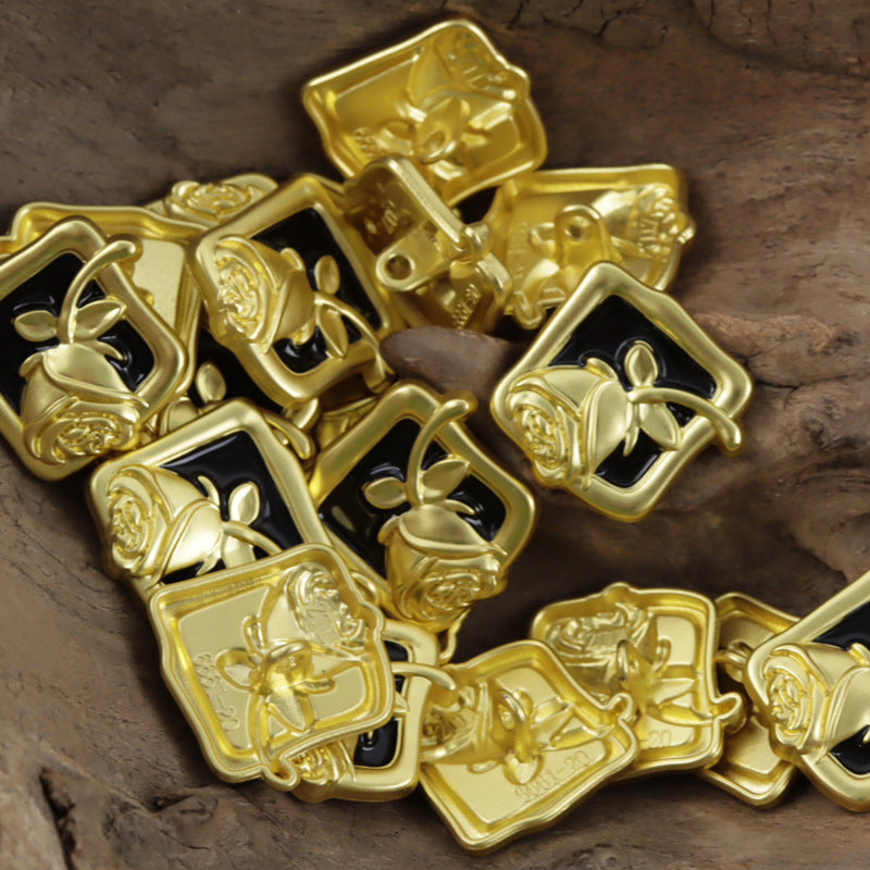 Square Black and Gold Rose Metal Shank Buttons 10pcs Gold
