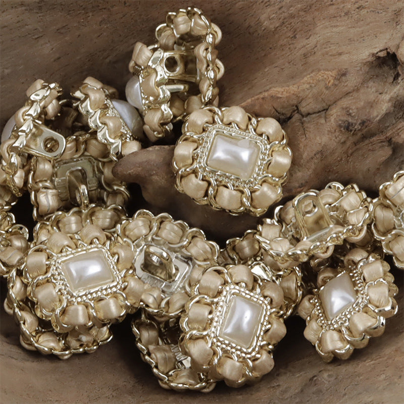 Square Metal Pearl Buttons with Leather Cord Weaving 10pcs Champagne
