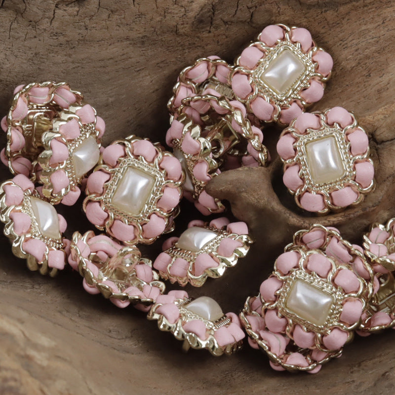 Square Metal Pearl Buttons with Leather Cord Weaving 10pcs Pink