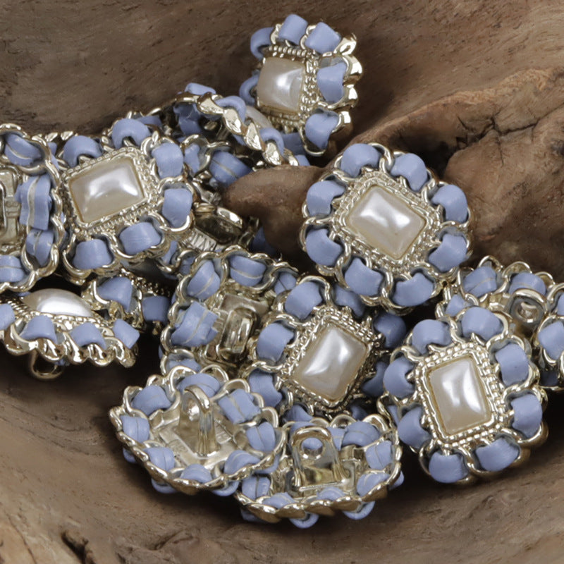Square Metal Pearl Buttons with Leather Cord Weaving 10pcs Blue