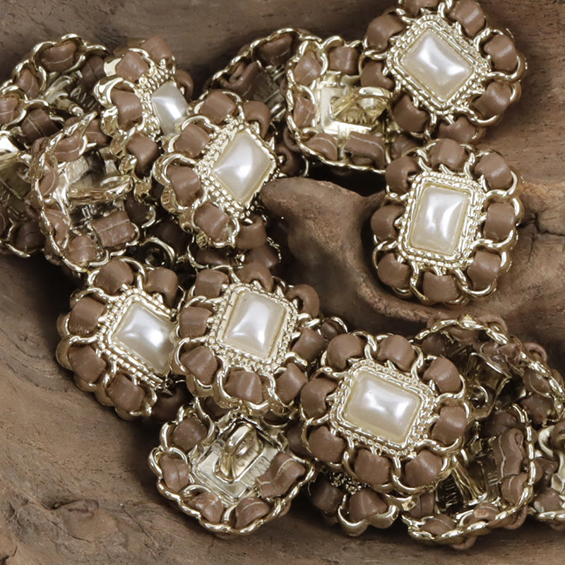Square Metal Pearl Buttons with Leather Cord Weaving 10pcs Brown
