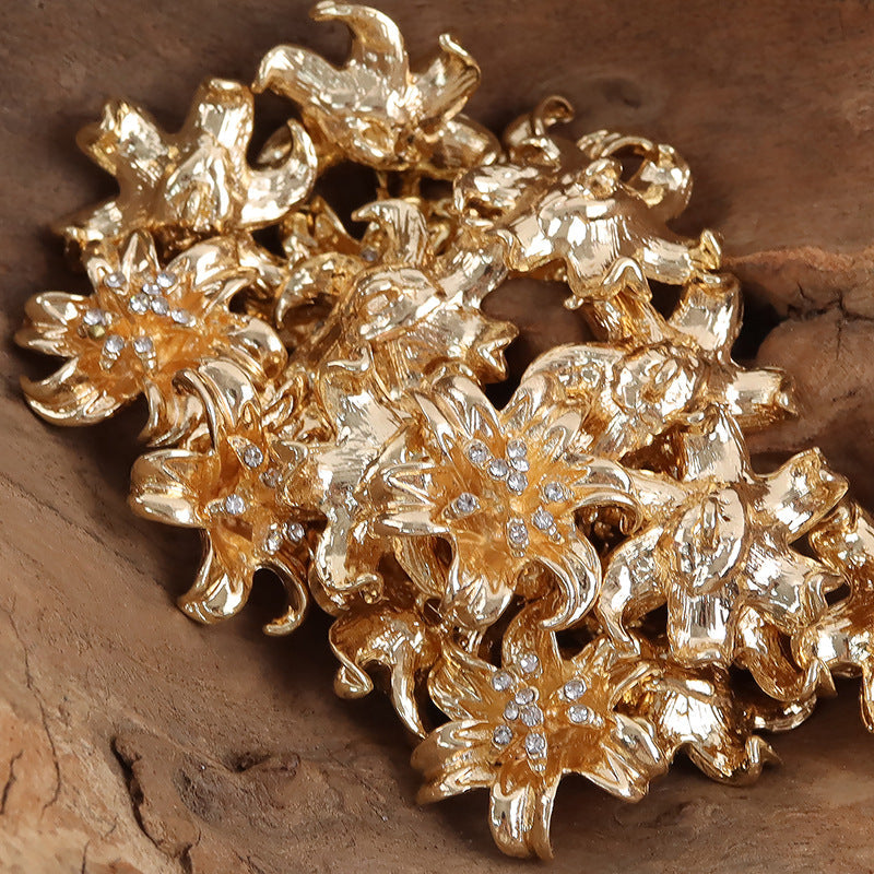 Glittering Golden 3D Flower Metal Buttons with Crystal Accents,10pcs