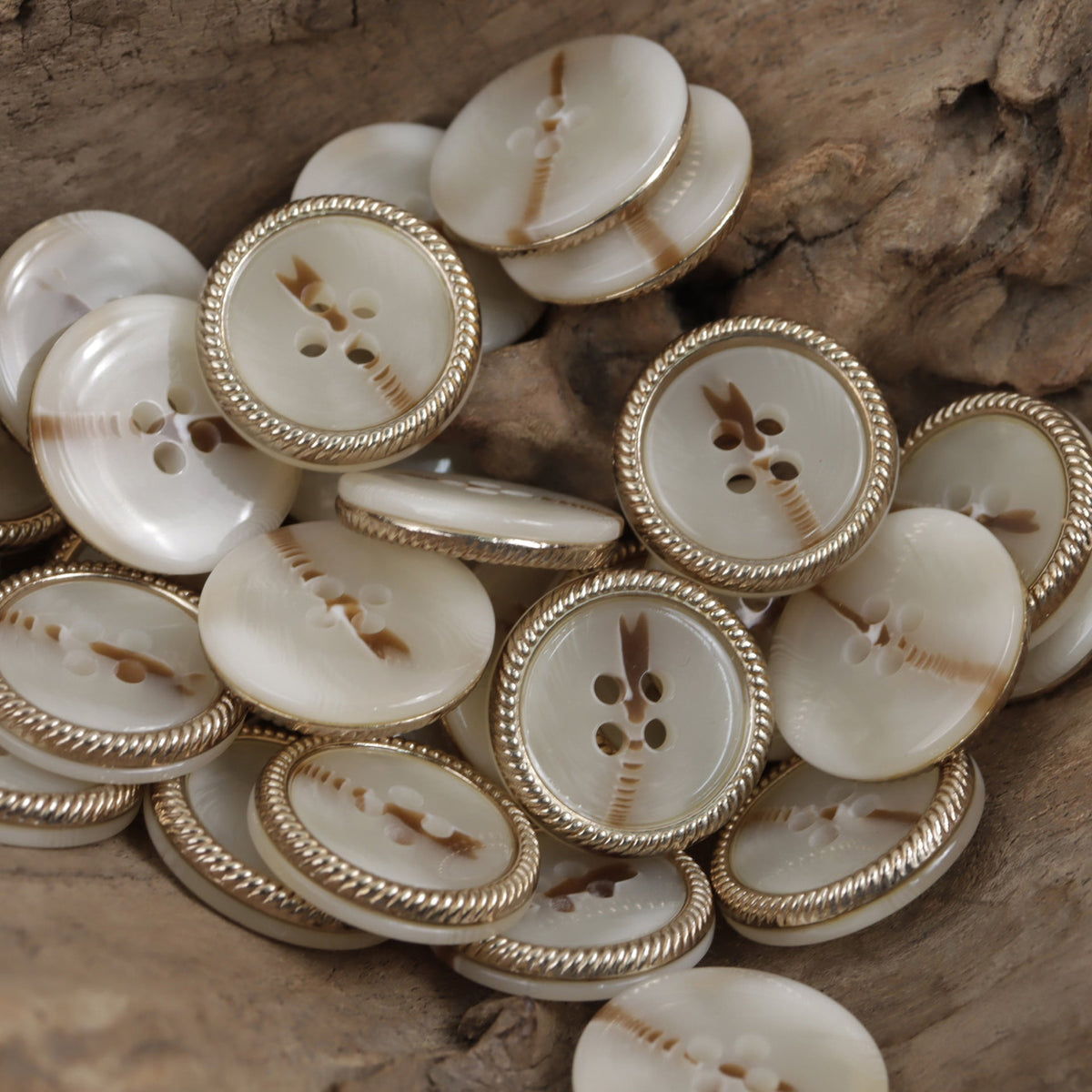 Beige and Coffee Four-Hole Flat Resin Buttons with Metal Lace 10pcs Beige