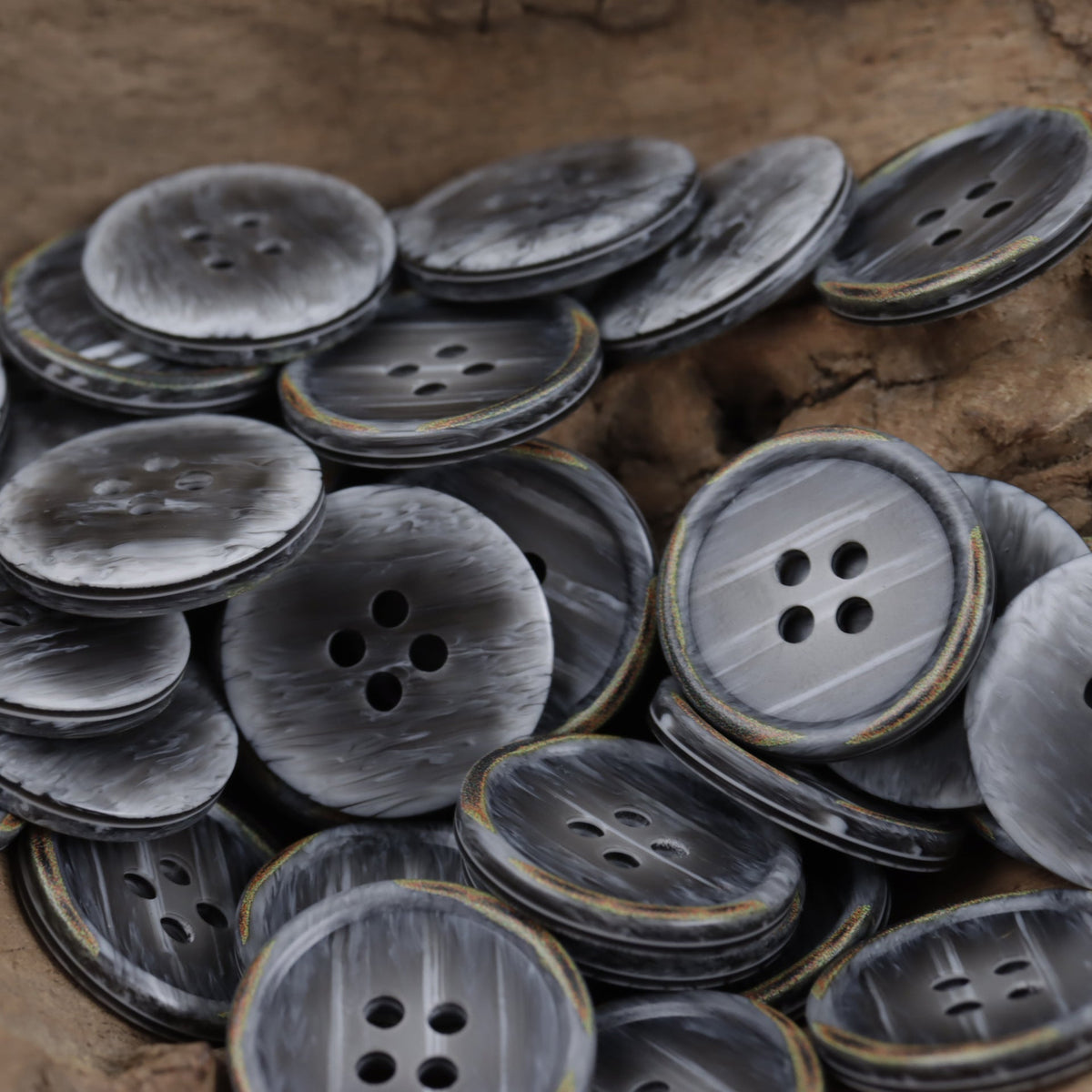 Vintage Off-White and Dark Gray Round Four-Hole Resin Buttons 60 Pack