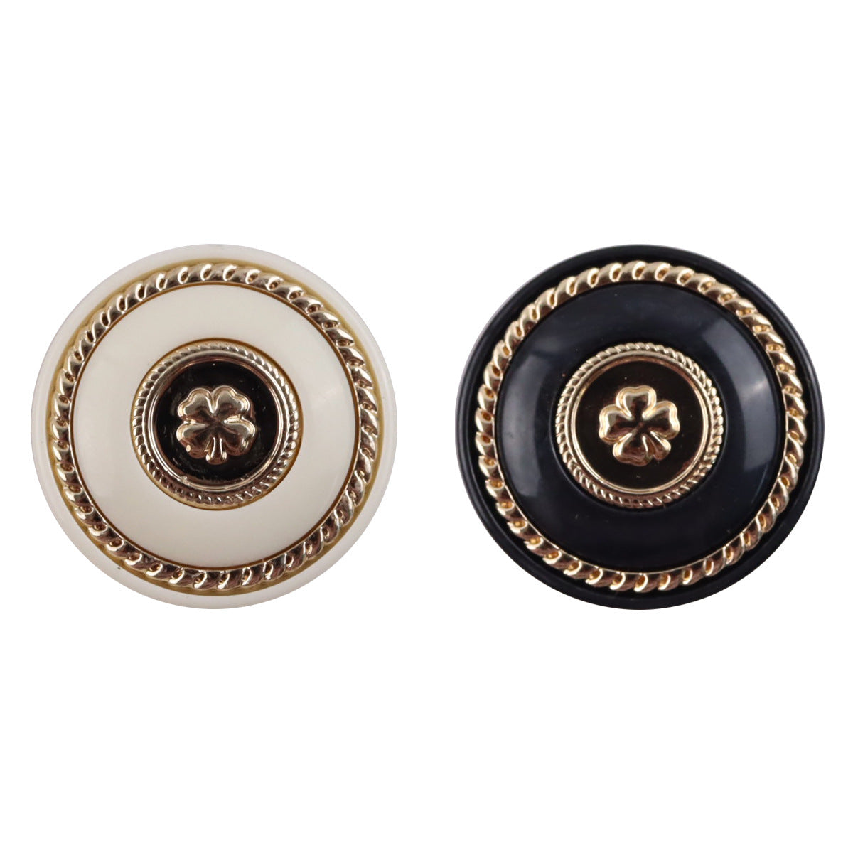 Retro Black-Gold Clover Round Resin Buttons with Metal Shanks 10pcs