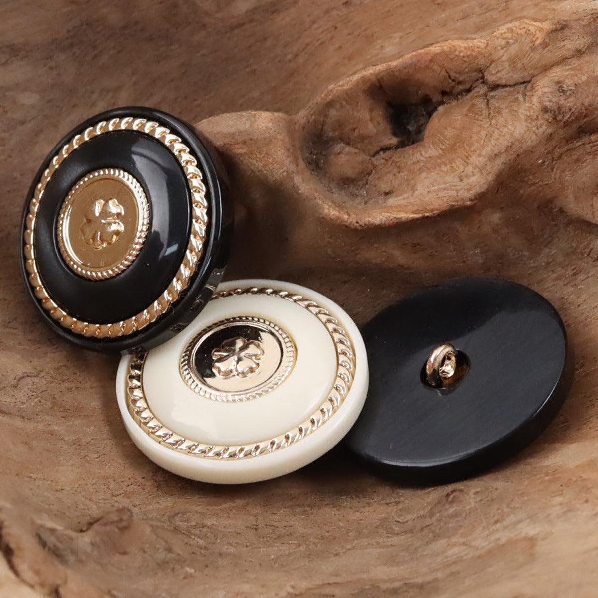 Retro Black-Gold Clover Round Resin Buttons with Metal Shanks 10pcs