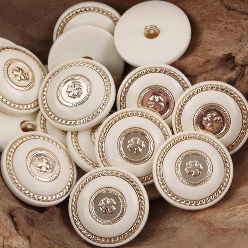 Retro Black-Gold Clover Round Resin Buttons with Metal Shanks 10pcs White