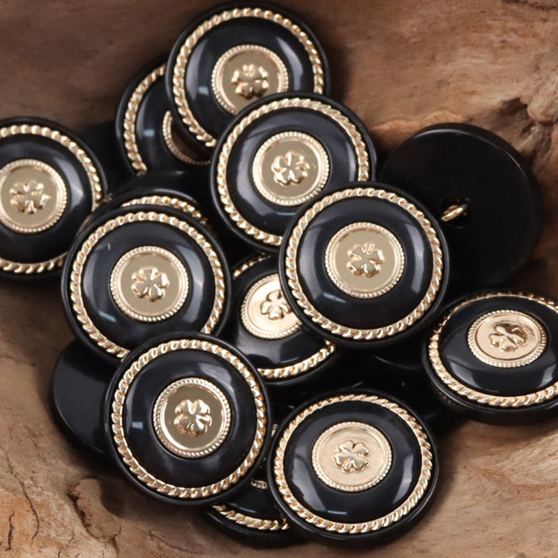 Retro Black-Gold Clover Round Resin Buttons with Metal Shanks 10pcs Black