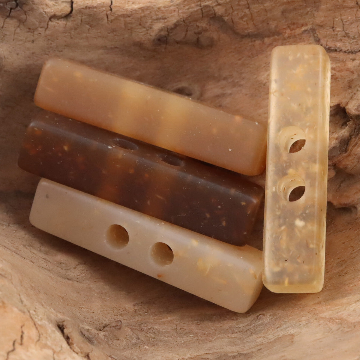 2 Hole Long Strip Wood Chip Patterned Resin Buttons 10pcs