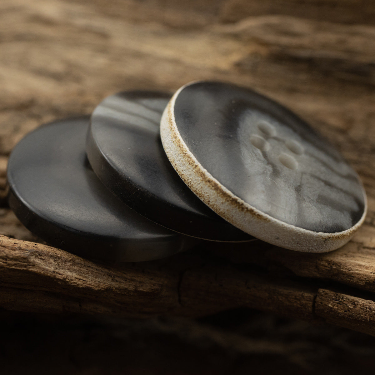 Vintage Burnt-Edge Black-Gray Textured Urea Buttons 30 Pack