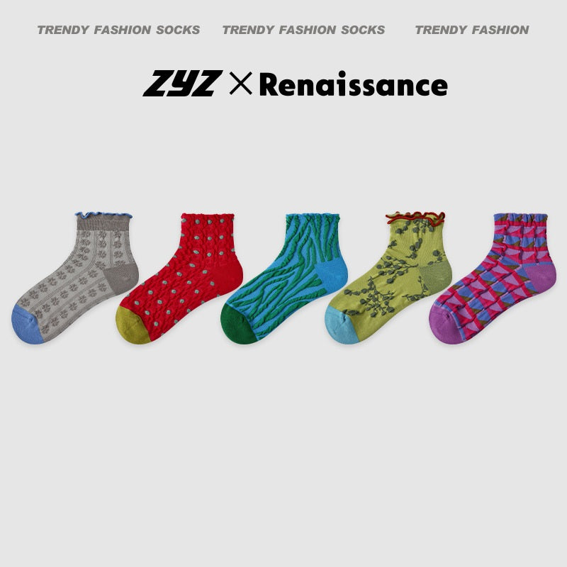 Women's Summer Thin Color-Block Striped Dot Sport Socks 5 Pack R8680