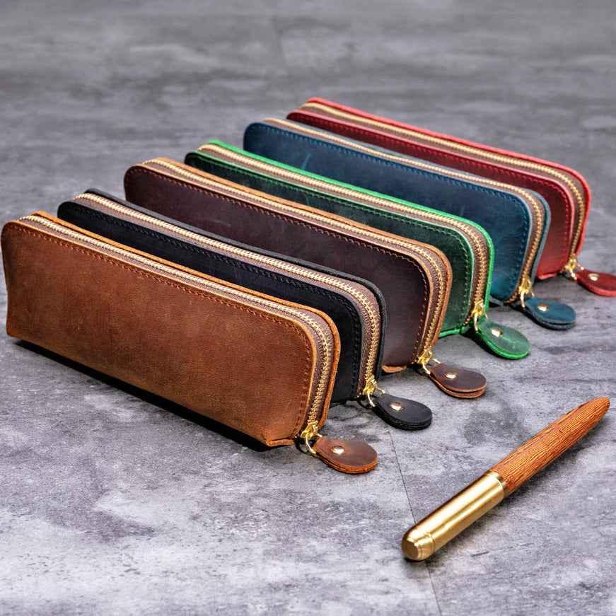 Estuche para lápices de cuero genuino (bolígrafos, cables, papelería y artículos personales)