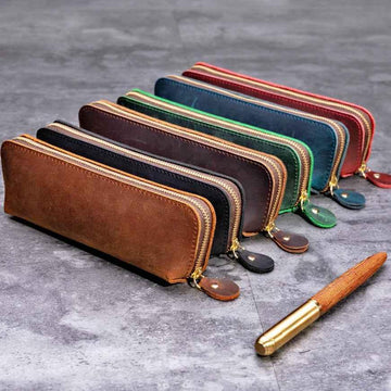 Estuche para lápices de cuero genuino (bolígrafos, cables, papelería y artículos personales)