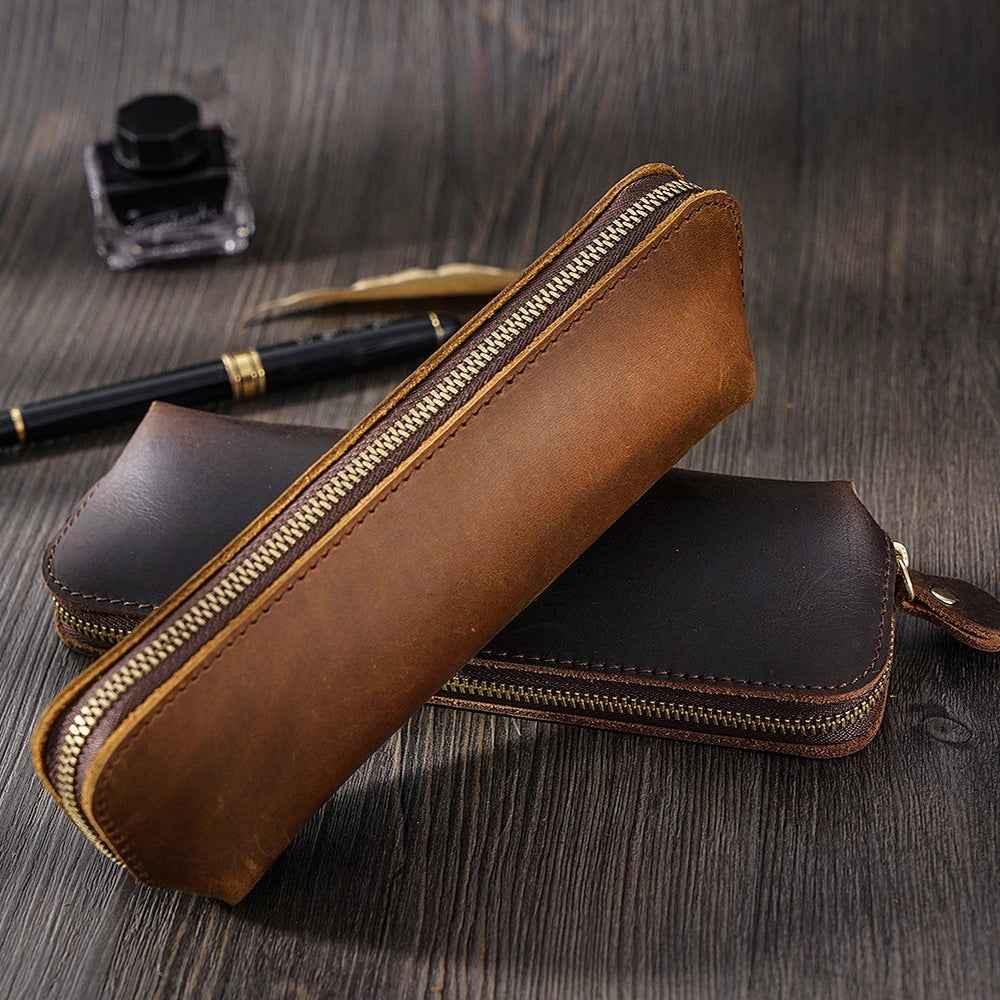 Estuche para lápices de cuero genuino (bolígrafos, cables, papelería y artículos personales)