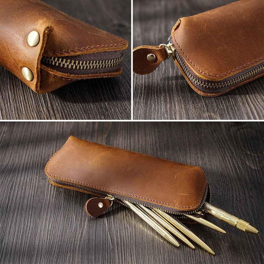 Estuche para lápices de cuero genuino (bolígrafos, cables, papelería y artículos personales)