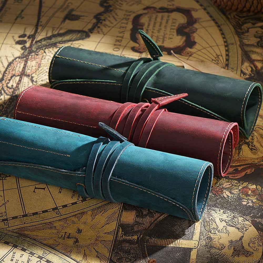 Roll-Up Leather Wrap Pen Pouch with 5 Slots
