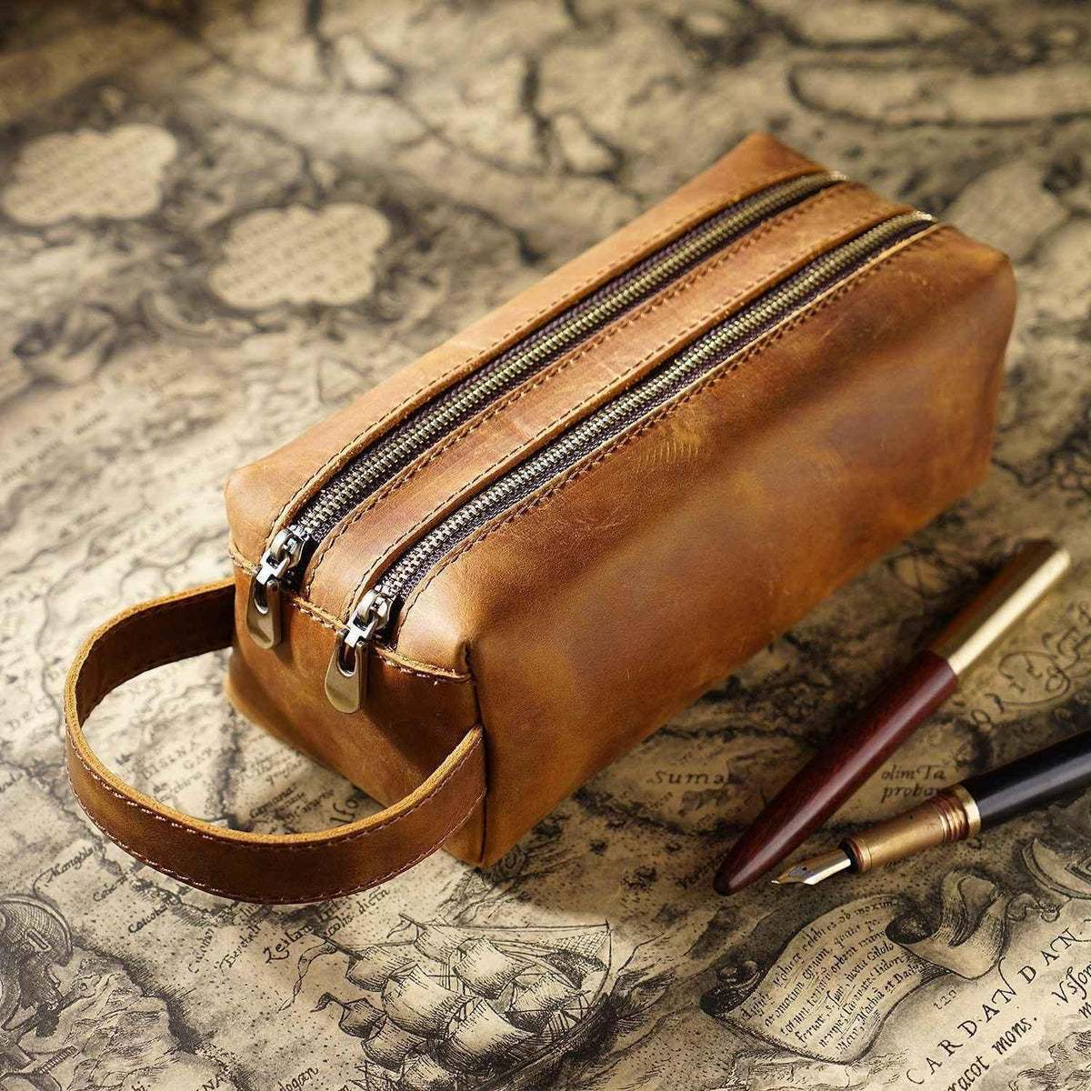 Vintage Leather Pen Pouch Big Capacity Pencil Case with 2 Compartment Brown