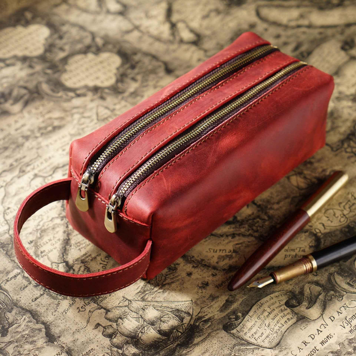 Vintage Leather Pen Pouch Big Capacity Pencil Case with 2 Compartment Red