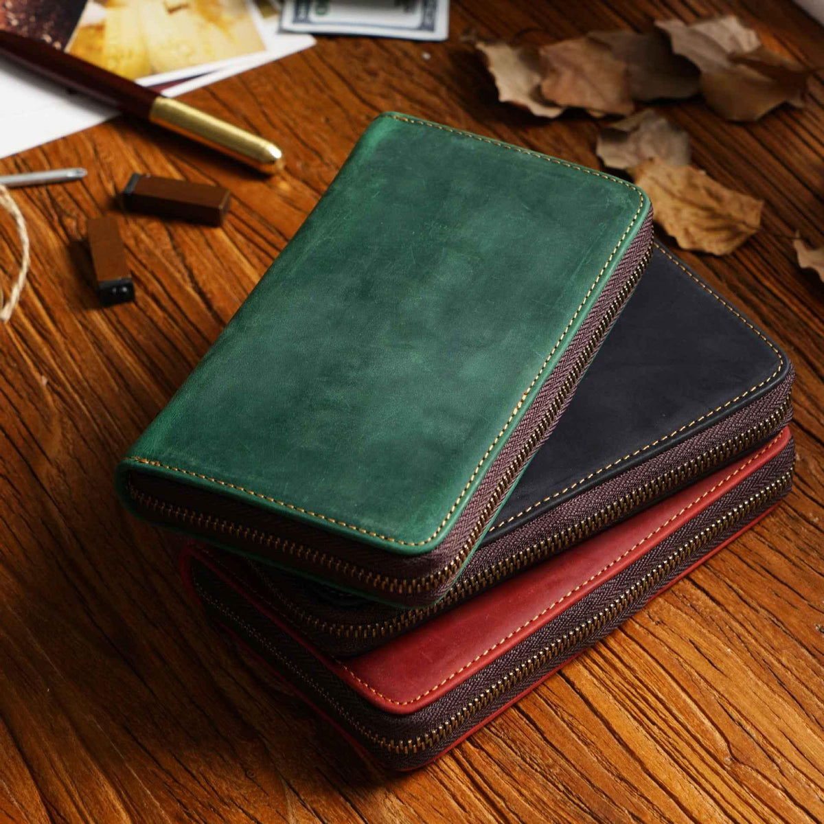 Leather Zippered Pen Organizer Case with 5 Slots and Net Holder