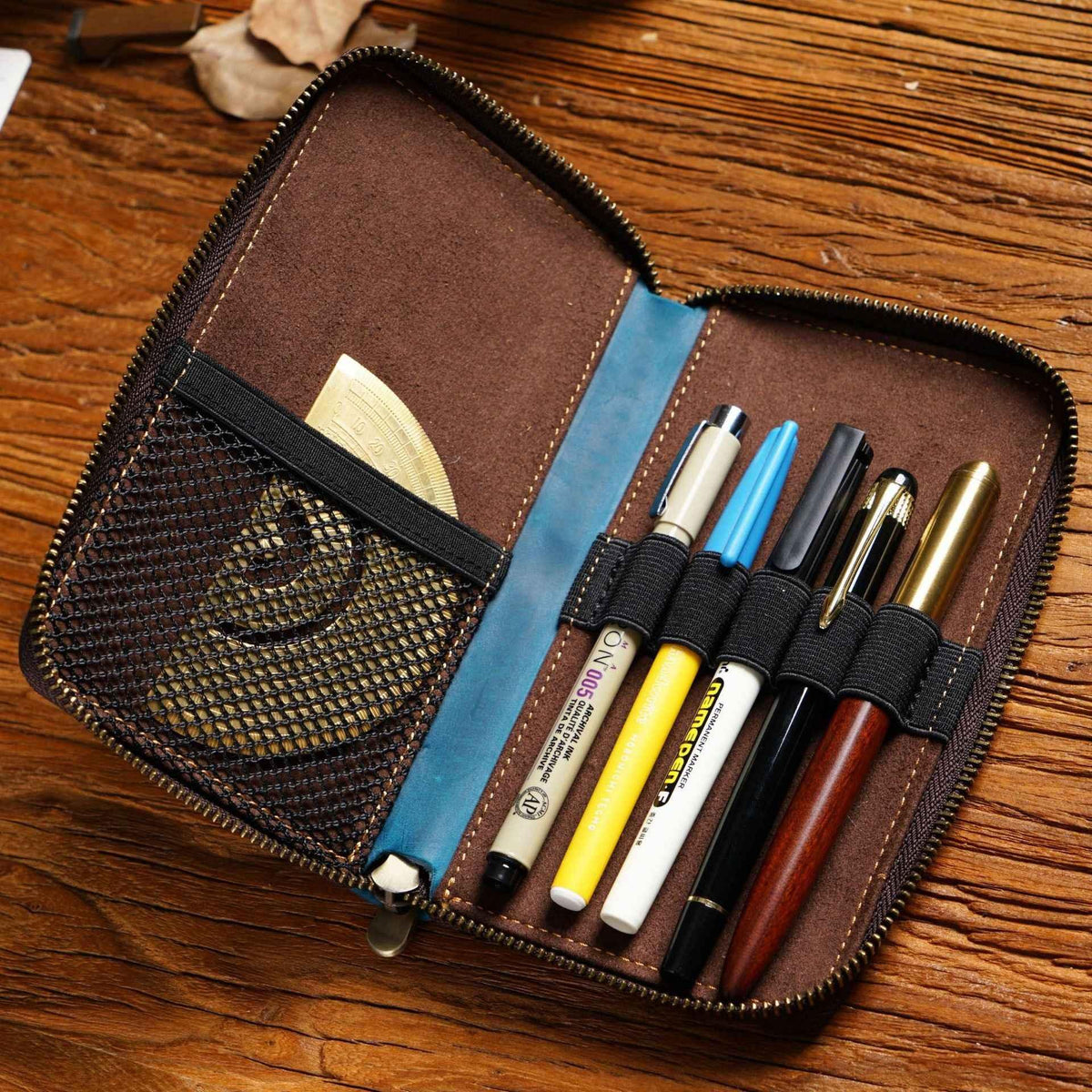 Leather Zippered Pen Organizer Case with 5 Slots and Net Holder