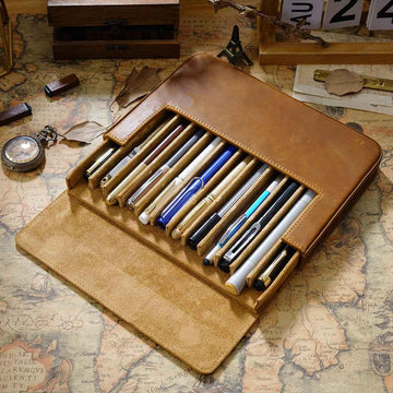 Estuche de cuero para bolígrafos con 12 ranuras
