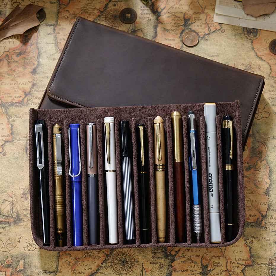 Estuche de cuero para bolígrafos con 12 ranuras